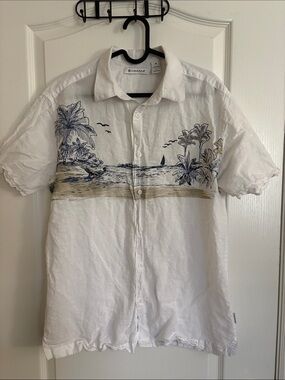 Cubavera White Short-Sleeve Linen Cotton Blend Beach Scene Button-Down Shirt